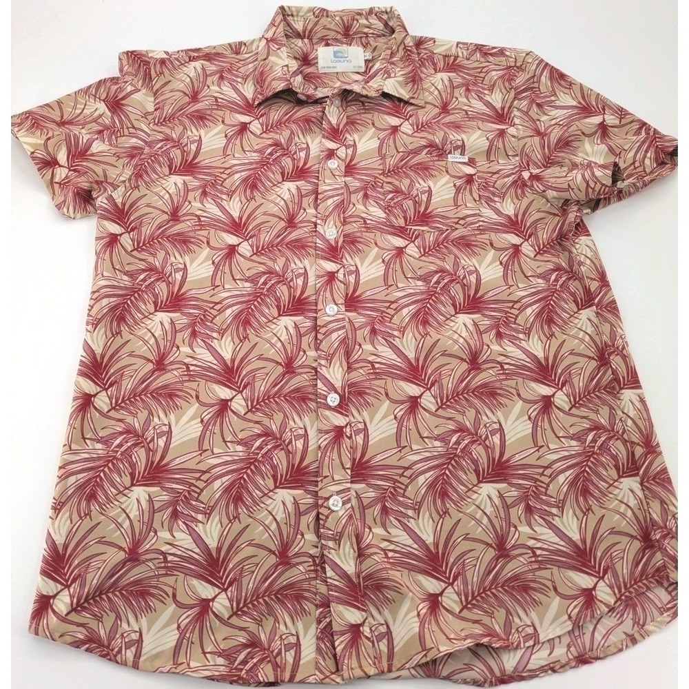 Laguna Mens Shirt XL Red Tan Tropical Palm Leaf Hawaiian Short‎ Sleeve Button Up